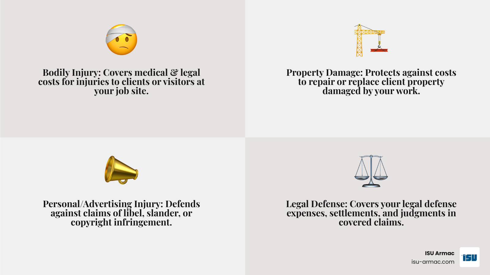 Infographic showing the top 3 risks covered by general liability insurance for contractors: Third-Party Bodily Injury including medical costs and legal fees for injuries to customers or visitors at job sites, Third-Party Property Damage covering repair or replacement costs when contractor work damages client property, and Personal and Advertising Injury protecting against claims of libel, slander, copyright infringement, and reputational harm - General liability for construction infographic 4_facts_emoji_grey Infographic showing the top 3 risks covered by general liability insurance for contractors: Third-Party Bodily Injury including medical costs and legal fees for injuries to customers or visitors at job sites, Third-Party Property Damage covering repair or replacement costs when contractor work damages client property, and Personal and Advertising Injury protecting against claims of libel, slander, copyright infringement, and reputational harm - General liability for construction infographic 4_facts_emoji_grey