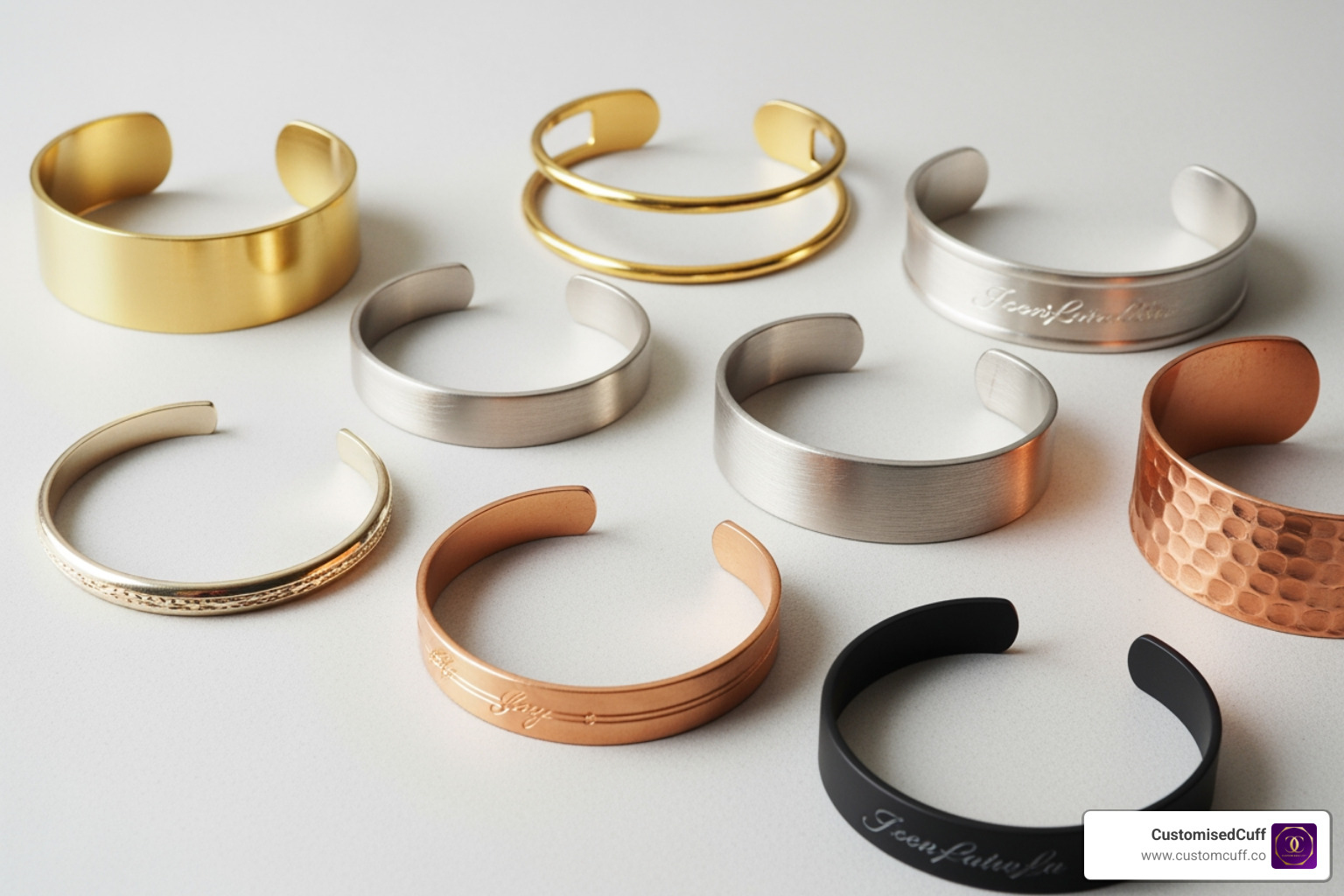 flat lay showcasing various cuff bracelets in different materials and finishes - cuff jewelry