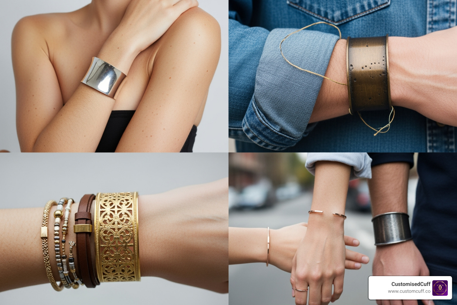 collage showing cuffs styled in different ways: on a bare arm, over a sleeve, stacked, and worn by both men and women - cuff jewelry