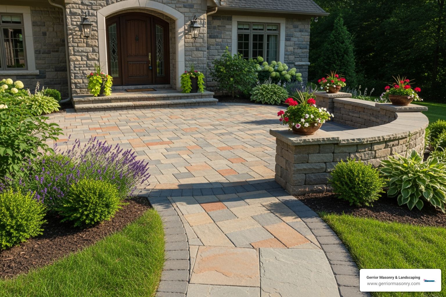 A beautifully crafted stone patio and walkway leading to a home's front entrance. - masonry near me