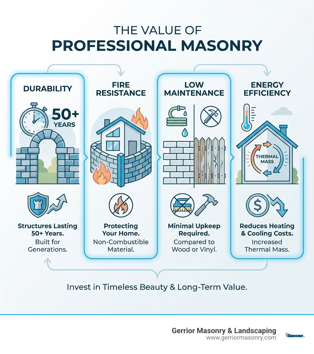 Infographic showing the four key benefits of professional masonry: Durability with structures lasting 50+ years, Fire Resistance protecting your home, Low Maintenance requiring minimal upkeep compared to wood or vinyl, and Energy Efficiency through increased thermal mass that reduces heating and cooling costs - masonry near me infographic 