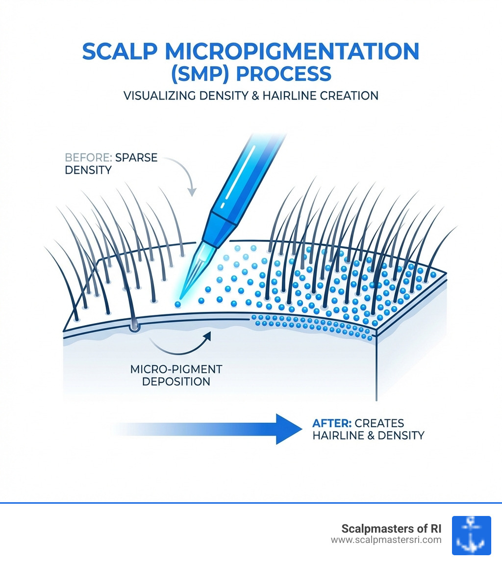 INFOGRAPHIC explaining how SMP adds density and creates a hairline by depositing tiny pigment dots into the scalp. - scalp micropigmentation clinic infographic 