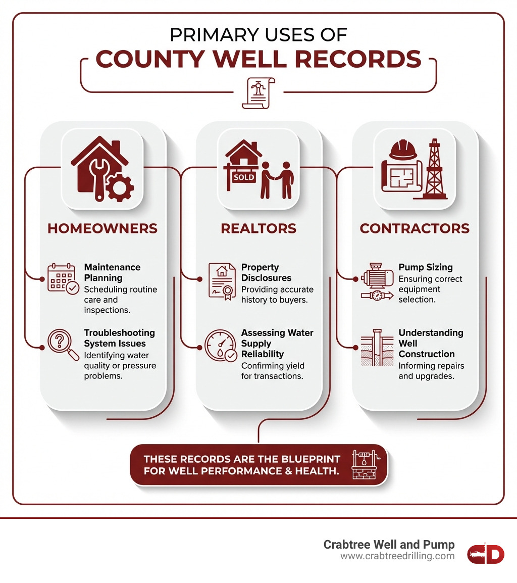 Infographic showing the primary uses of county well records: 1) Homeowners use records for maintenance planning and troubleshooting system issues, 2) Realtors use records for property disclosures and assessing water supply reliability during transactions, 3) Contractors use records for pump sizing and understanding well construction before repairs or upgrades - county well records infographic 