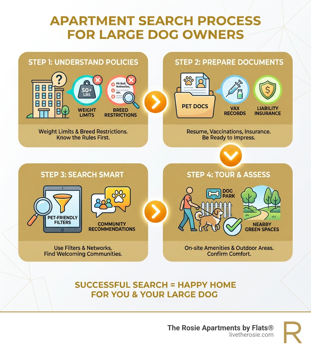 Infographic showing the apartment search process for large dog owners: Step 1 - Understand common pet policies including weight limits and breed restrictions; Step 2 - Prepare pet documents like resume, vaccination records, and liability insurance; Step 3 - Search smart using pet-friendly filters and community recommendations; Step 4 - Tour properties and assess amenities like dog parks and nearby green spaces - apartments allowing large dogs infographic 