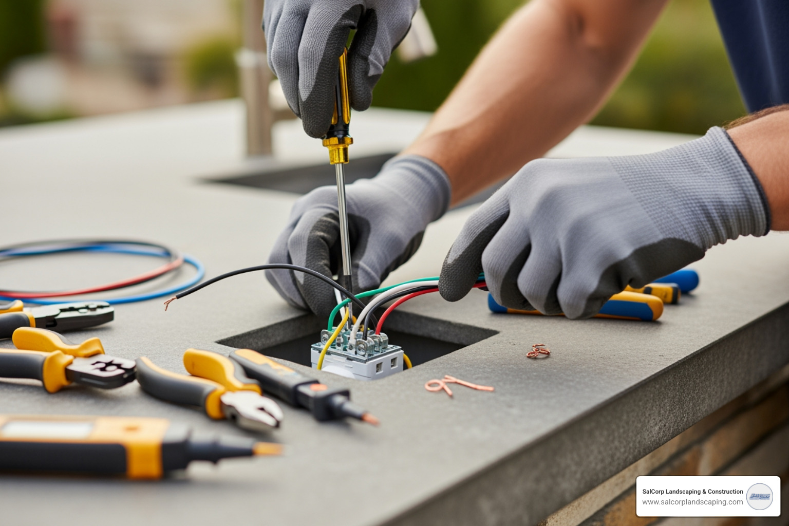 electrician wiring an outlet in an outdoor kitchen island - outdoor kitchen cost