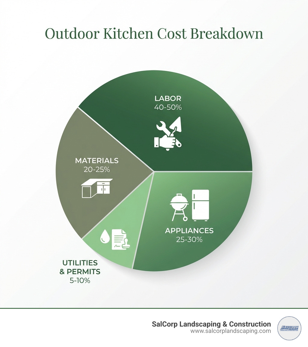 Outdoor kitchen cost breakdown infographic showing labor (40-50%), appliances (25-30%), materials including countertops and cabinets (20-25%), and utilities and permits (5-10%) - outdoor kitchen cost infographic 
