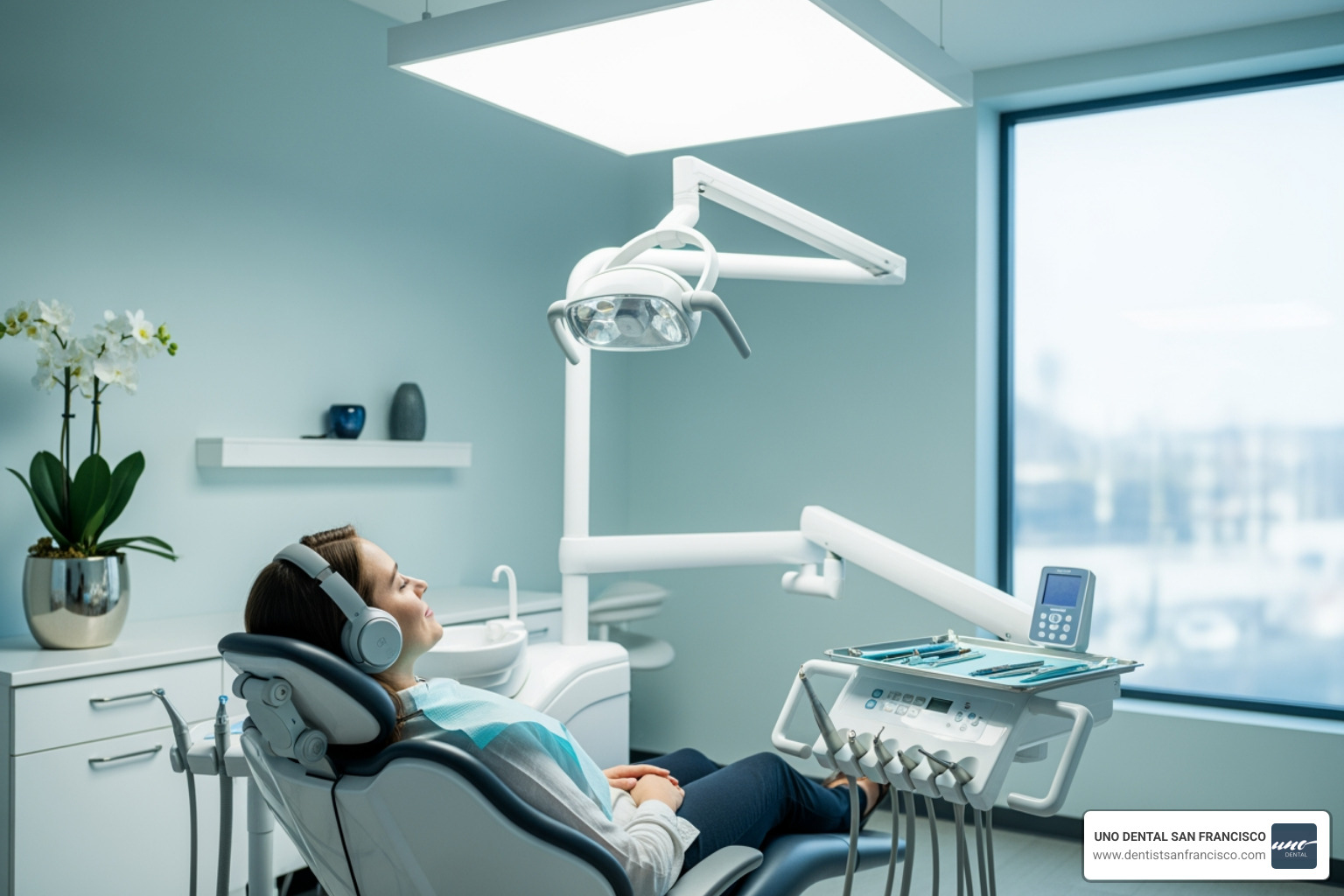 Patient relaxing in a dental chair with headphones, suggesting a calm and comfortable environment - Local dental practice Patient relaxing in a dental chair with headphones, suggesting a calm and comfortable environment - Local dental practice