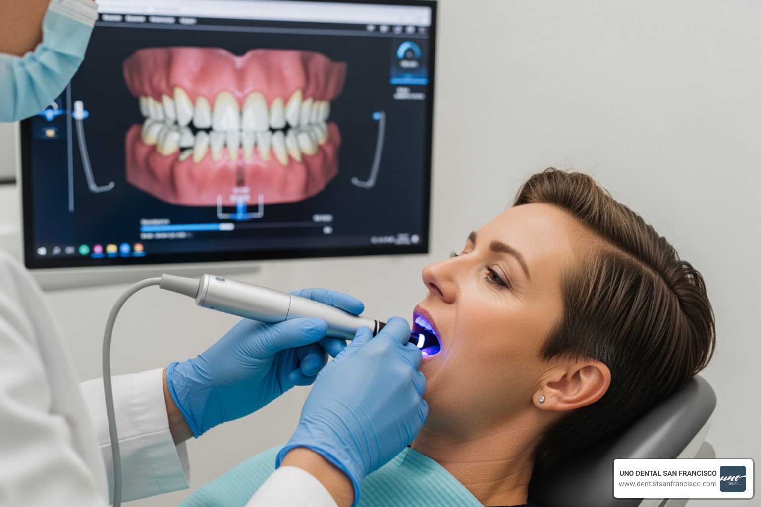 Dentist using advanced intraoral scanner on a patient, displaying a 3D model of teeth on a screen - Local dental practice Dentist using advanced intraoral scanner on a patient, displaying a 3D model of teeth on a screen - Local dental practice