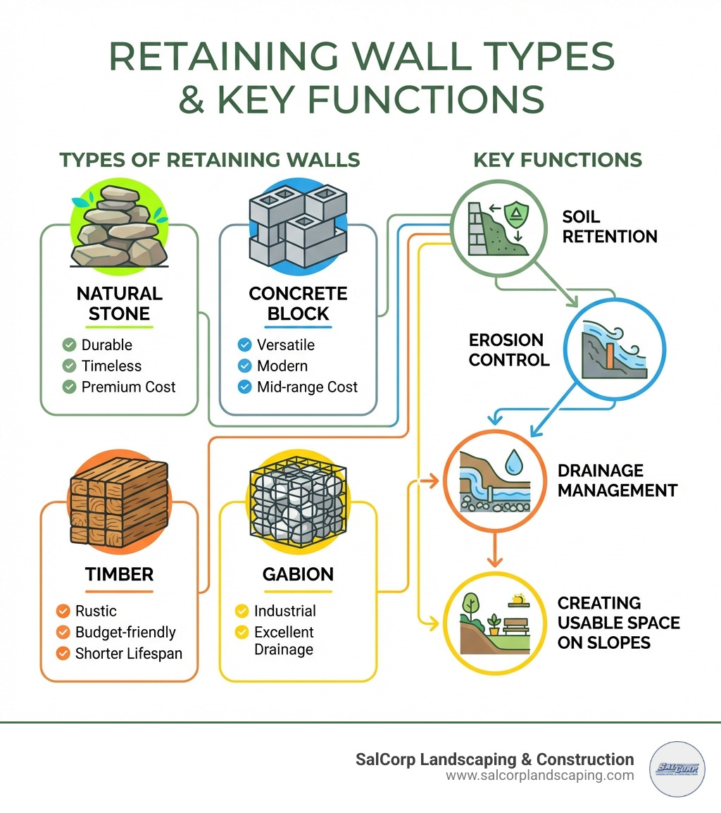 Infographic showing different types of retaining walls with their key features: Natural Stone (durable, timeless, premium cost), Concrete Block (versatile, modern, mid-range cost), Timber (rustic, budget-friendly, shorter lifespan), Gabion (industrial, excellent drainage), and key functions including soil retention, erosion control, drainage management, and creating usable space on slopes - Landscape retaining wall ideas infographic 