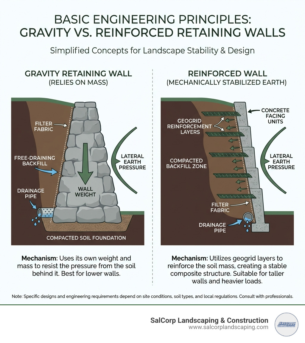 explaining the basic engineering of a gravity retaining wall vs. a reinforced wall - Landscape retaining wall ideas infographic 