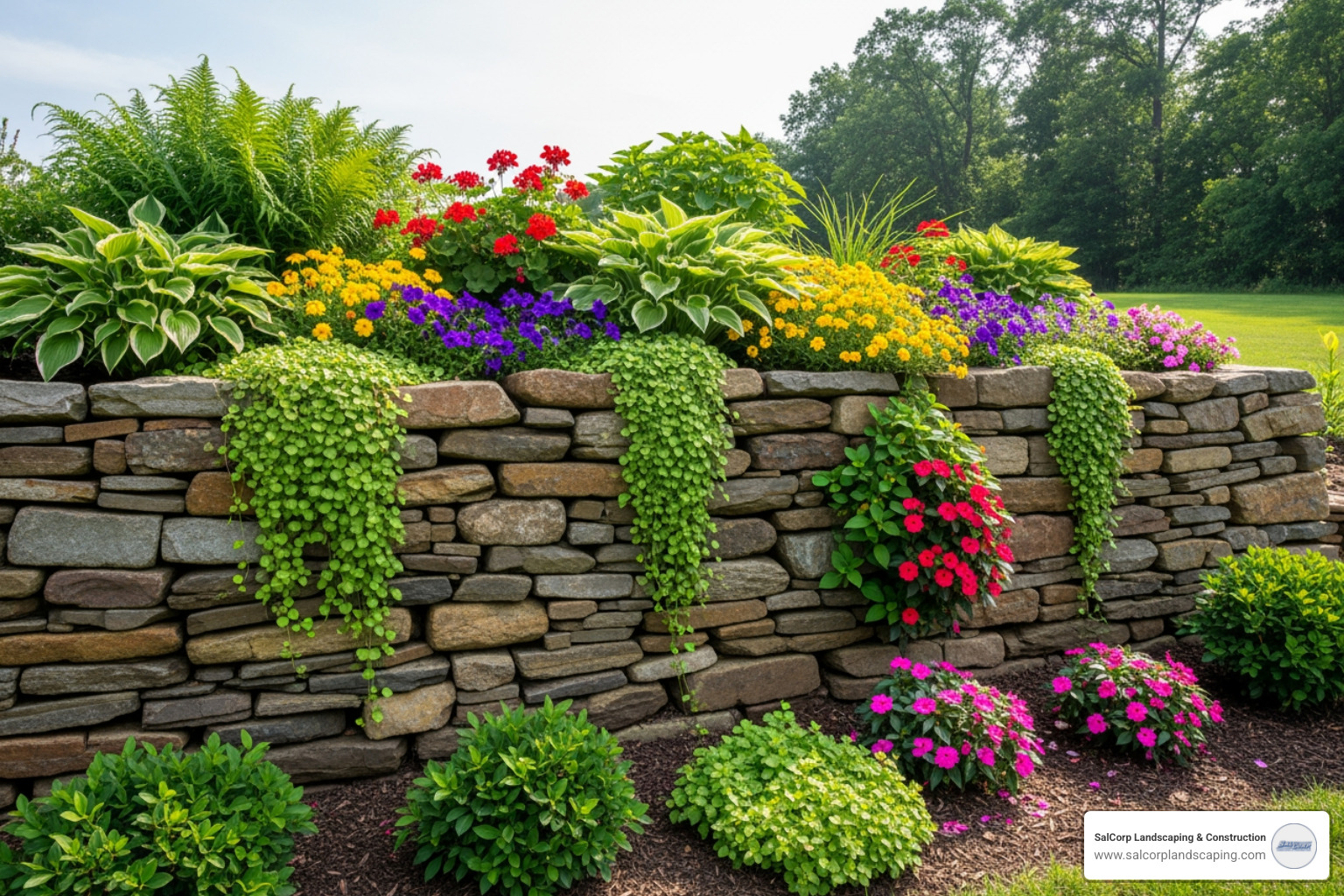 rustic dry-stack stone retaining wall with plants spilling over - Landscape retaining wall ideas