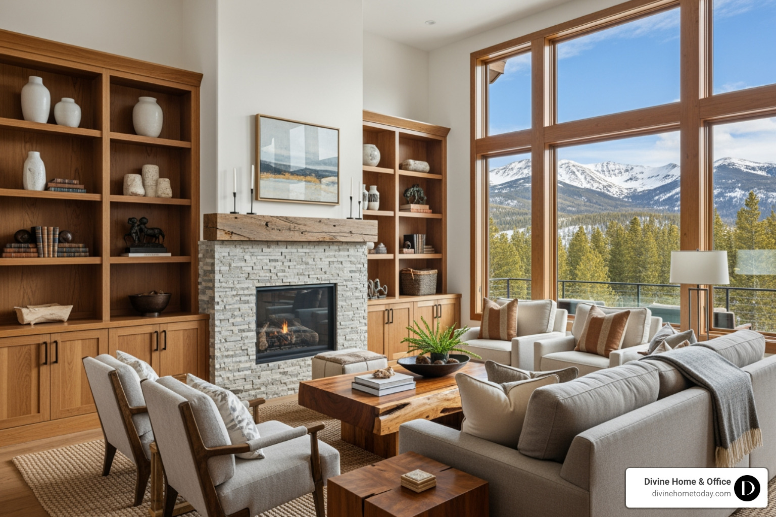 Luxury Colorado mountain living room with custom built-in shelving, warm wood tones, natural textures, large windows with mountain views, bright natural lighting - custom homes furniture Luxury Colorado mountain living room with custom built-in shelving, warm wood tones, natural textures, large windows with mountain views, bright natural lighting - custom homes furniture