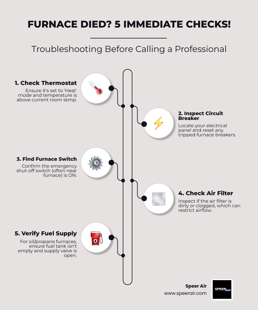 Infographic showing three immediate steps when furnace stops working: 1. Check thermostat settings and ensure it's set to heat mode with temperature above current room temp, 2. Check circuit breaker panel for tripped breaker and reset if needed, 3. Check furnace emergency shut-off switch to ensure it hasn't been accidentally turned off - "My furnace just died, who offers 24/7 HVAC service in Denville, NJ?" infographic infographic-line-5-steps-elegant_beige Infographic showing three immediate steps when furnace stops working: 1. Check thermostat settings and ensure it's set to heat mode with temperature above current room temp, 2. Check circuit breaker panel for tripped breaker and reset if needed, 3. Check furnace emergency shut-off switch to ensure it hasn't been accidentally turned off - "My furnace just died, who offers 24/7 HVAC service in Denville, NJ?" infographic infographic-line-5-steps-elegant_beige