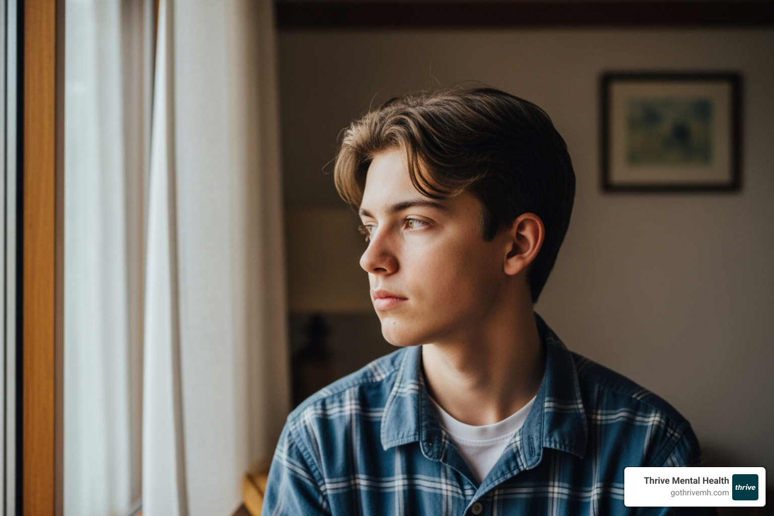 Teenager looking out a window alone, contemplative, serene lighting - grief counseling teens