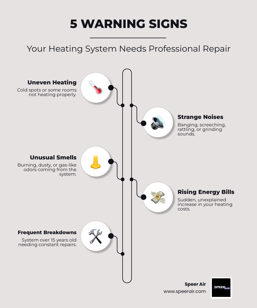 Infographic showing 5 key warning signs your heating system needs professional repair: uneven heating throughout your home, strange noises like banging or screeching, unusual burning or gas smells, unexplained increases in energy bills, and a system over 15 years old with frequent breakdowns - "Who are the most reliable companies for heating repair in Denville?" infographic infographic-line-5-steps-elegant_beige Infographic showing 5 key warning signs your heating system needs professional repair: uneven heating throughout your home, strange noises like banging or screeching, unusual burning or gas smells, unexplained increases in energy bills, and a system over 15 years old with frequent breakdowns - "Who are the most reliable companies for heating repair in Denville?" infographic infographic-line-5-steps-elegant_beige