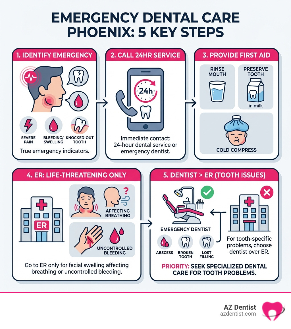Infographic showing the key steps for finding emergency dental care in Phoenix: 1. Identify if it's a true emergency (severe pain, bleeding, swelling, knocked-out tooth). 2. Call a 24-hour dental service or emergency dentist immediately. 3. Provide first aid (rinse mouth, preserve knocked-out tooth in milk, use cold compress). 4. Go to ER only for life-threatening issues like facial swelling affecting breathing or uncontrolled bleeding. 5. For tooth-specific problems, always choose an emergency dentist over an ER. - 24 hour dentist Phoenix infographic Infographic showing the key steps for finding emergency dental care in Phoenix: 1. Identify if it's a true emergency (severe pain, bleeding, swelling, knocked-out tooth). 2. Call a 24-hour dental service or emergency dentist immediately. 3. Provide first aid (rinse mouth, preserve knocked-out tooth in milk, use cold compress). 4. Go to ER only for life-threatening issues like facial swelling affecting breathing or uncontrolled bleeding. 5. For tooth-specific problems, always choose an emergency dentist over an ER. - 24 hour dentist Phoenix infographic