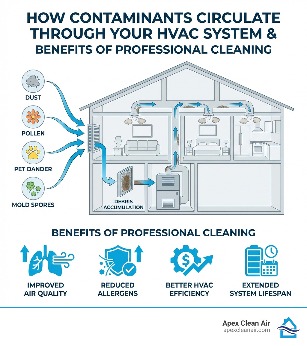 Infographic Showing How Dust, Pollen, Pet Dander, And Mold Spores Circulate Through A Home's Hvac System Via Air Ducts, With Arrows Indicating Airflow And Debris Accumulation, Plus Icons Showing Benefits Of Professional Cleaning Including Improved Air Quality, Reduced Allergens, Better Hvac Efficiency, And Extended System Lifespan - Air Duct Cleaners Infographic infographic showing how dust, pollen, pet dander, and mold spores circulate through a home's HVAC system via air ducts, with arrows indicating airflow and debris accumulation, plus icons showing benefits of professional cleaning including improved air quality, reduced allergens, better HVAC efficiency, and extended system lifespan - Air duct cleaners infographic