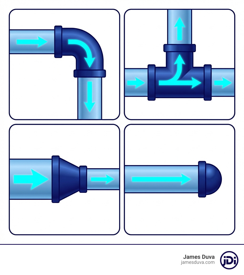 Infographic showing the four primary functions of pipe fittings: a 90-degree elbow changing direction, a tee creating a branch, a reducer changing pipe diameter, and a cap terminating a line, with simple arrows indicating flow direction in each scenario - pipe fittings infographic Infographic showing the four primary functions of pipe fittings: a 90-degree elbow changing direction, a tee creating a branch, a reducer changing pipe diameter, and a cap terminating a line, with simple arrows indicating flow direction in each scenario - pipe fittings infographic