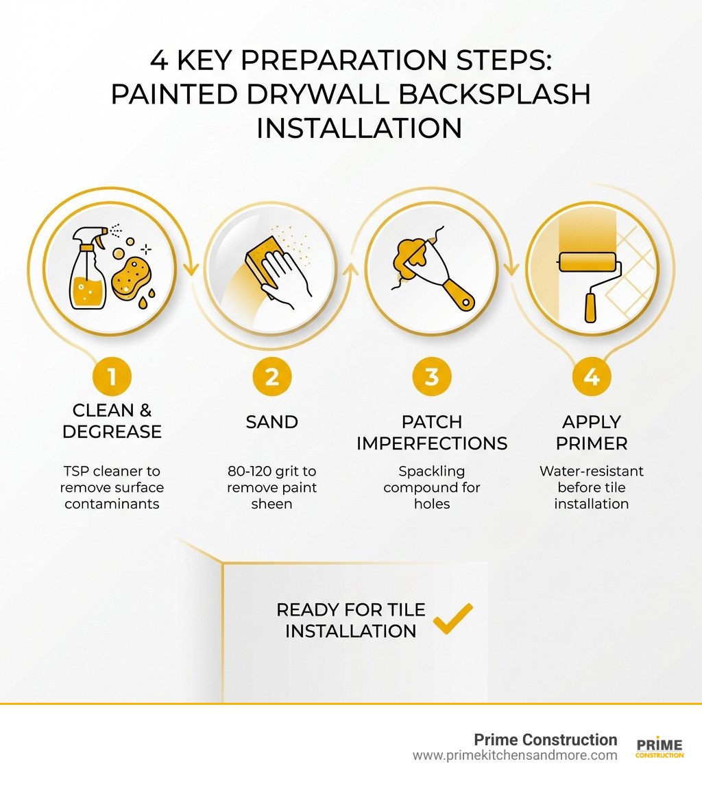 Infographic showing the 4 key preparation steps for installing backsplash on painted drywall: 1. Clean and degrease the surface with TSP cleaner, 2. Sand with 80-120 grit sandpaper to remove paint sheen, 3. Patch holes and imperfections with spackling compound, 4. Apply water-resistant primer before tile installation - can you install backsplash on painted drywall infographic 
