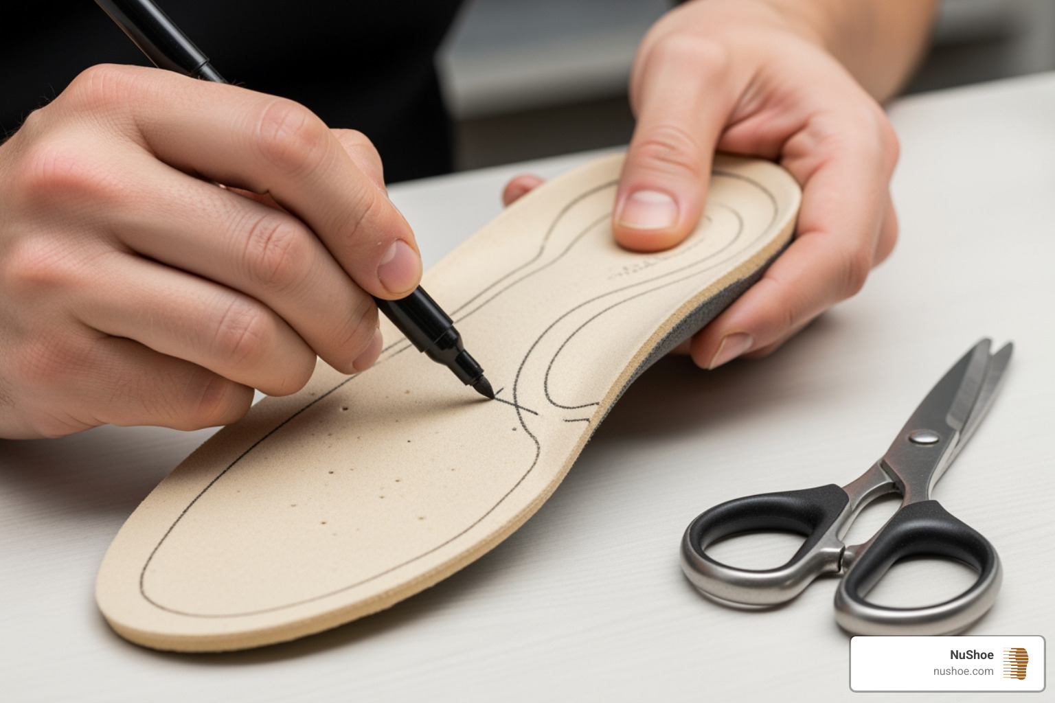 Old insole being used as a template to trace onto a new insole with scissors nearby - replace nike insoles