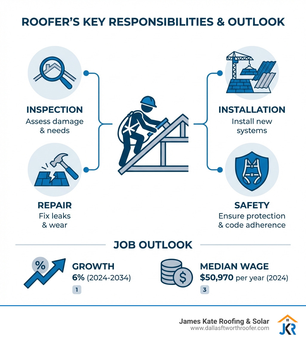 infographic showing a roofer's key responsibilities including inspection, repair, installation, and safety, along with job outlook statistics of 6% growth and median wage of $50,970 per year - roofer infographic infographic showing a roofer's key responsibilities including inspection, repair, installation, and safety, along with job outlook statistics of 6% growth and median wage of $50,970 per year - roofer infographic