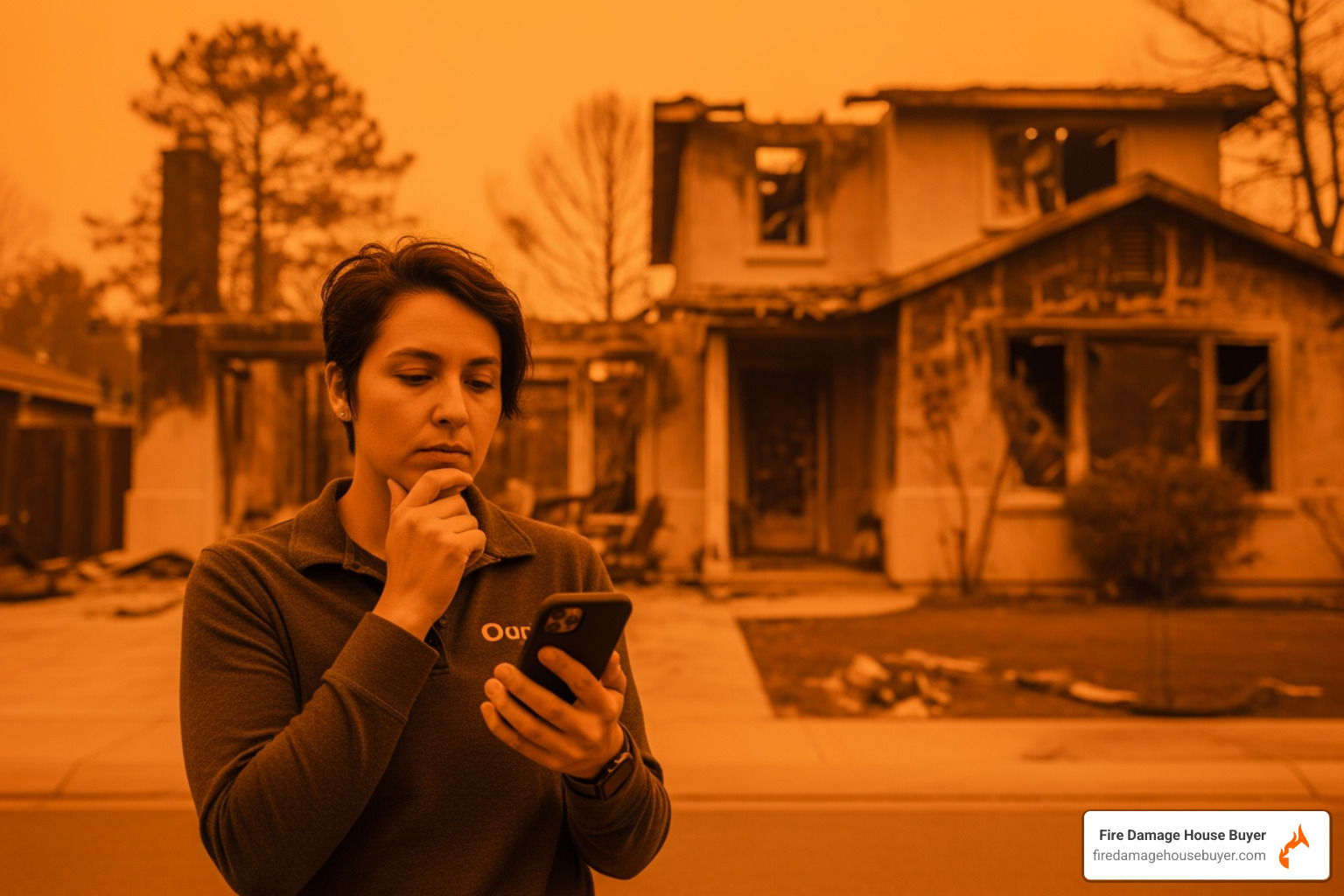 person on phone reviewing a fire-damaged California house - sell inherited fire damaged house california person on phone reviewing a fire-damaged California house - sell inherited fire damaged house california