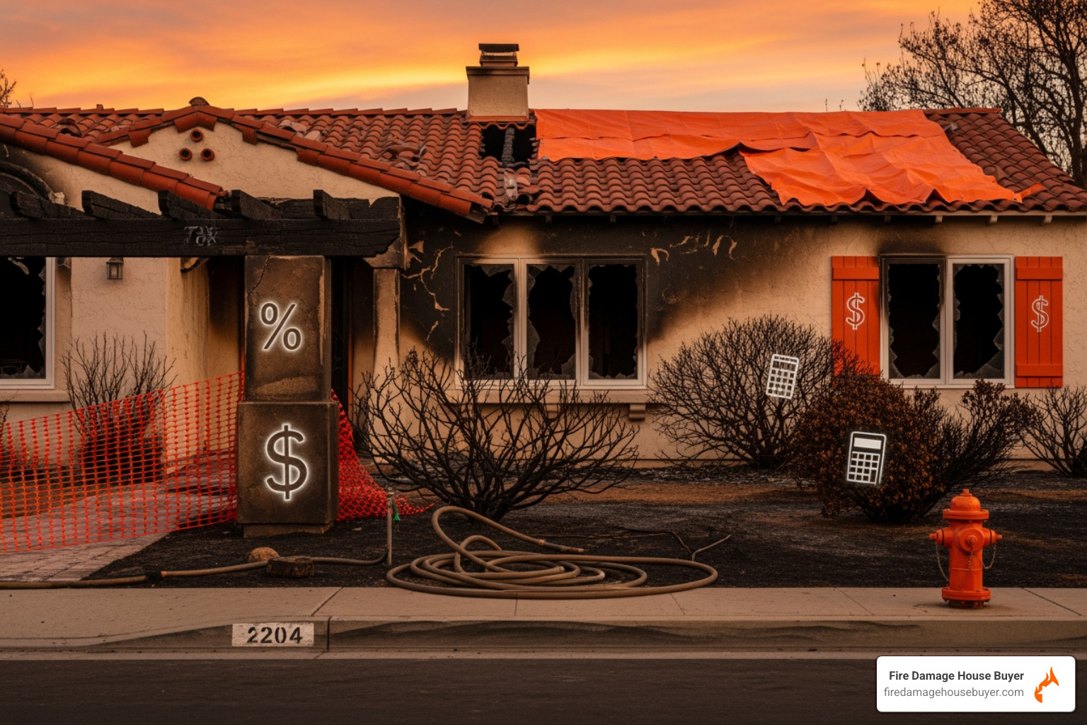 front of a fire-damaged California house with subtle tax icons and orange accents - sell inherited fire damaged house california front of a fire-damaged California house with subtle tax icons and orange accents - sell inherited fire damaged house california