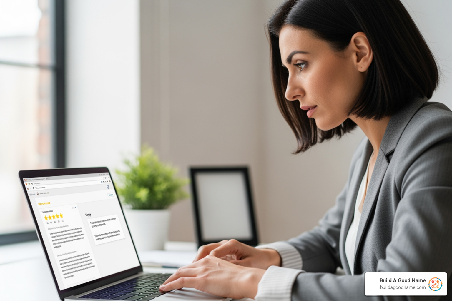 business manager typing a thoughtful reply to a customer review on a laptop - Get 5-star reviews business manager typing a thoughtful reply to a customer review on a laptop - Get 5-star reviews