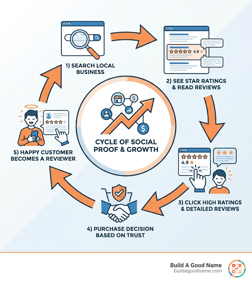 Infographic showing the customer journey: 1) Customer searches for a local business on Google, 2) Customer sees star ratings and reads reviews in search results, 3) Customer clicks on businesses with higher ratings and more detailed positive reviews, 4) Customer makes a purchase decision based on trust built through reviews, 5) Happy customer becomes a reviewer themselves, creating a cycle of social proof and business growth - Get 5-star reviews infographic Infographic showing the customer journey: 1) Customer searches for a local business on Google, 2) Customer sees star ratings and reads reviews in search results, 3) Customer clicks on businesses with higher ratings and more detailed positive reviews, 4) Customer makes a purchase decision based on trust built through reviews, 5) Happy customer becomes a reviewer themselves, creating a cycle of social proof and business growth - Get 5-star reviews infographic
