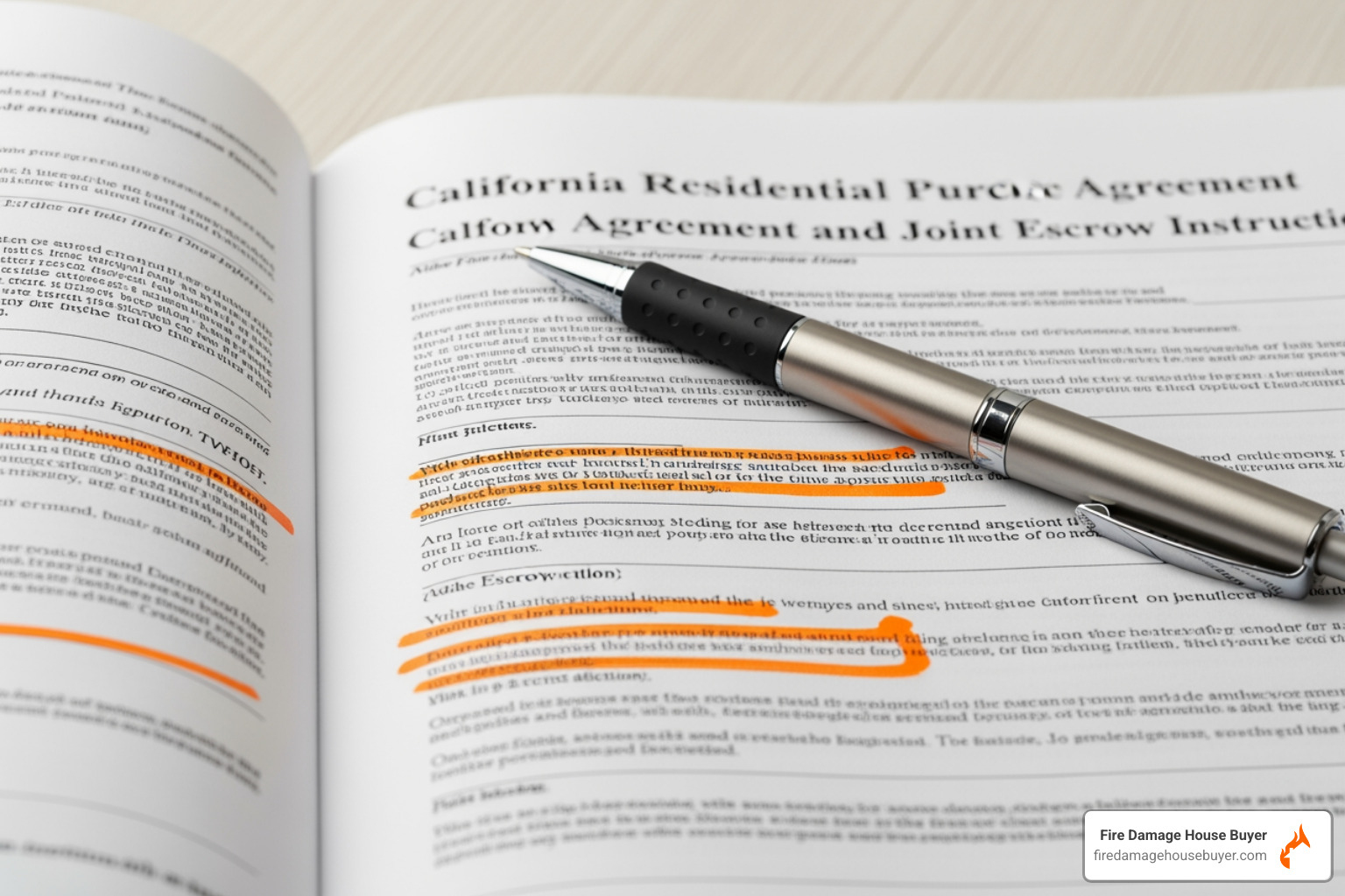 California home sale contract with pen and orange-highlighted key clauses - sell inherited fire damaged house california California home sale contract with pen and orange-highlighted key clauses - sell inherited fire damaged house california