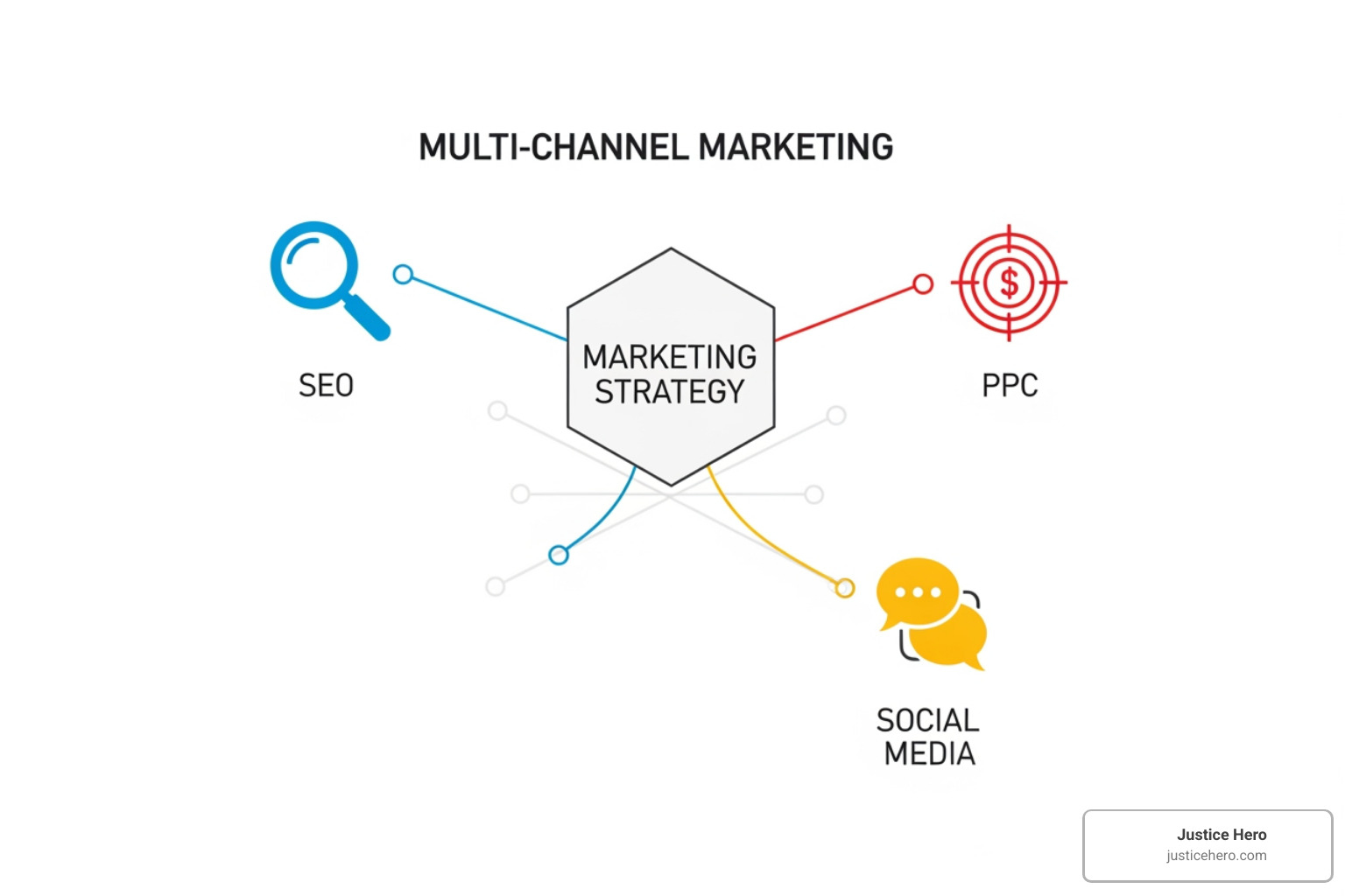 Multi-channel marketing diagram with SEO, PPC, and Social Media icons - cpap lawsuit mass tort case leads