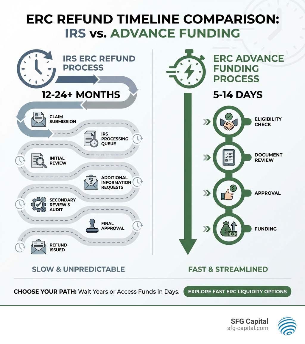 infographic showing two timelines side by side comparing IRS ERC refund process taking 12-24 months with multiple review stages versus ERC advance funding process showing eligibility check, document review, approval, and funding in 5-14 days - fast erc liquidity infographic 
