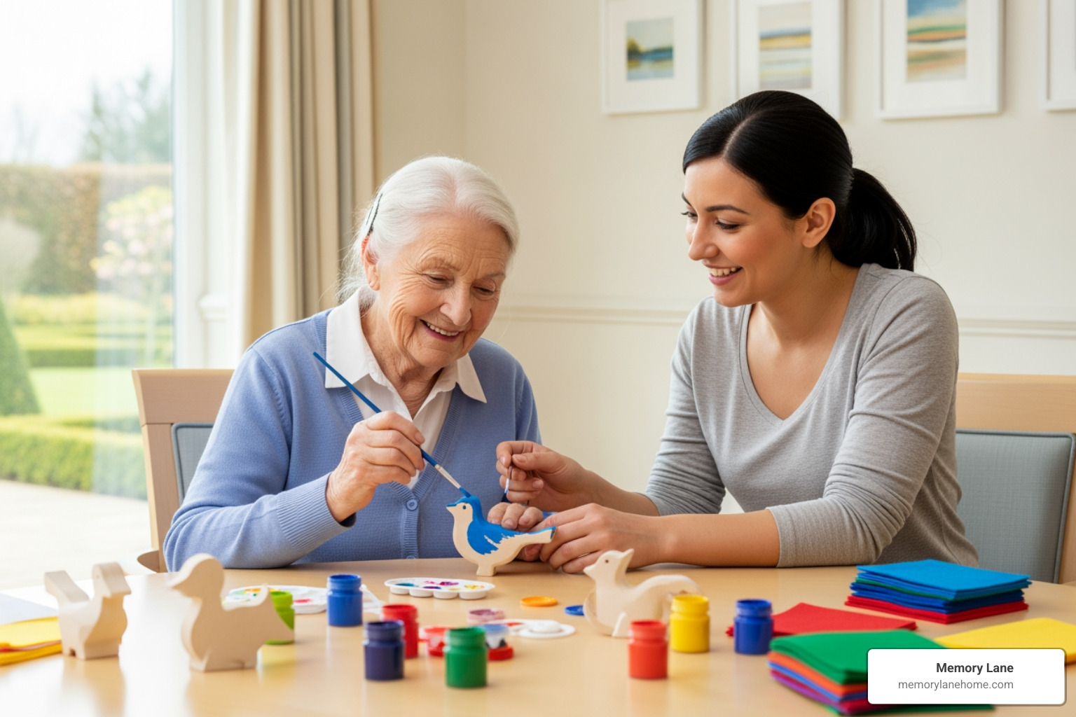 resident and caregiver interacting positively during an activity - Memory Care East Coast resident and caregiver interacting positively during an activity - Memory Care East Coast