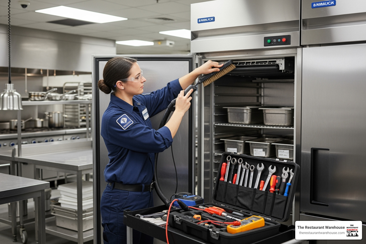 technician performing maintenance on a large stainless steel refrigerator - commercial kitchen appliances technician performing maintenance on a large stainless steel refrigerator - commercial kitchen appliances