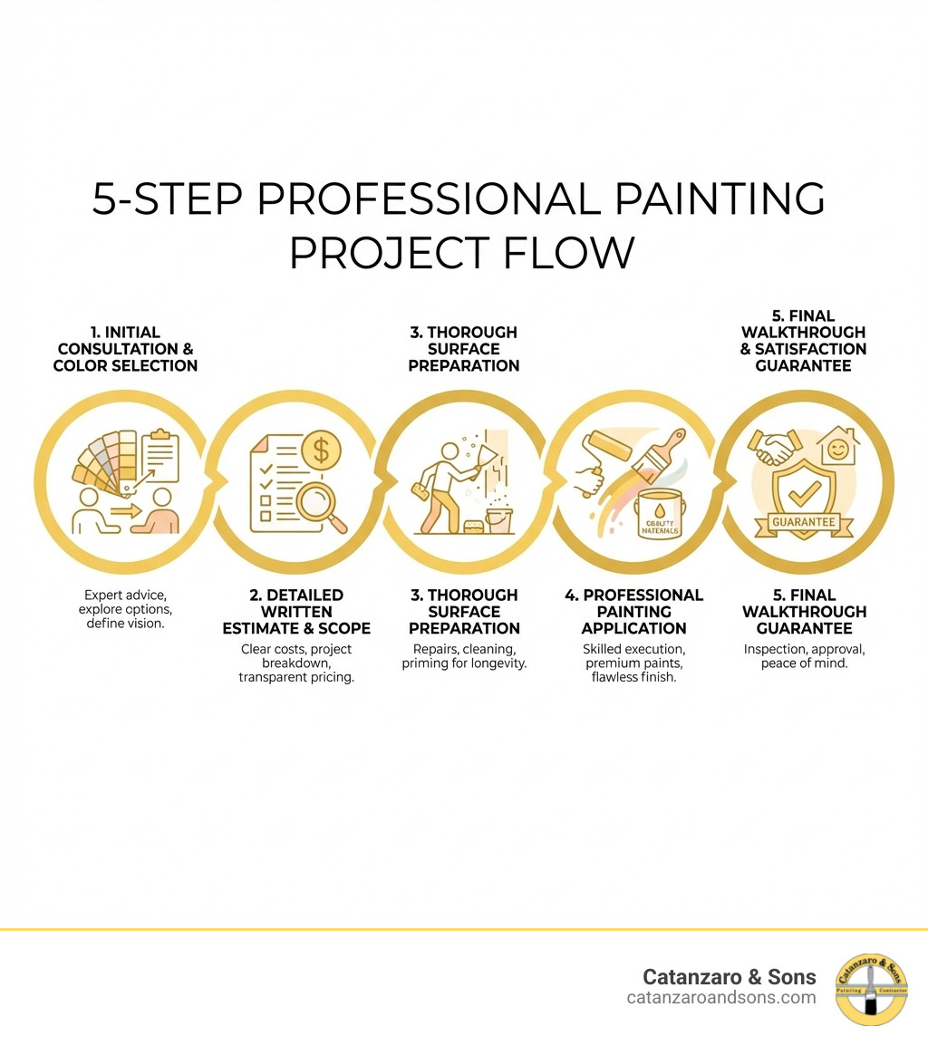 infographic showing the 5 key steps of a professional painting project: 1. Initial Consultation and Color Selection, 2. Detailed Written Estimate with Scope of Work, 3. Thorough Surface Preparation including repairs and cleaning, 4. Professional Painting Application with quality materials, 5. Final Walkthrough and Satisfaction Guarantee - residential painting services barrington infographic infographic showing the 5 key steps of a professional painting project: 1. Initial Consultation and Color Selection, 2. Detailed Written Estimate with Scope of Work, 3. Thorough Surface Preparation including repairs and cleaning, 4. Professional Painting Application with quality materials, 5. Final Walkthrough and Satisfaction Guarantee - residential painting services barrington infographic
