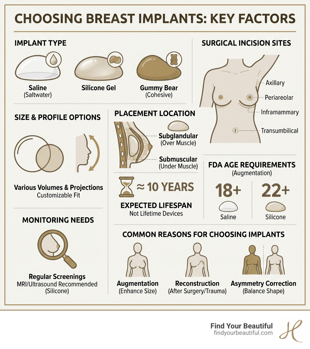 Infographic showing key factors in choosing breast implants: implant type (saline vs silicone vs gummy bear), size and profile options, placement location (submuscular vs subglandular), surgical incision sites, expected lifespan of 10 years, FDA age requirements, monitoring needs, and common reasons for choosing implants including augmentation, reconstruction, and asymmetry correction - breast implants infographic 