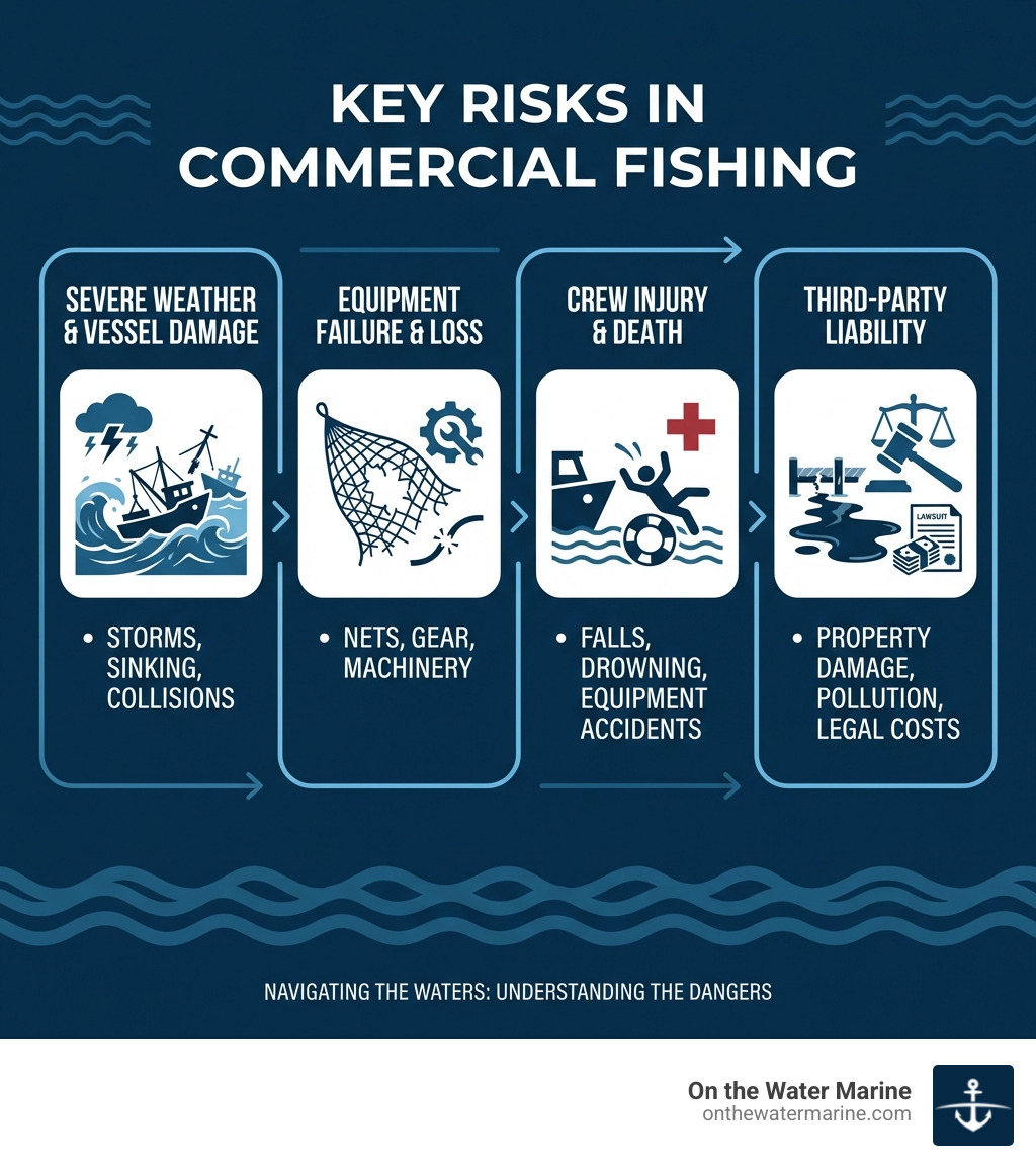 infographic showing the key risks in commercial fishing: severe weather and vessel damage (storms, sinking, collisions), equipment failure and loss (nets, gear, machinery), crew injury and death (falls, drowning, equipment accidents), and third-party liability (property damage, pollution, legal costs) - commercial fishing insurance infographic infographic showing the key risks in commercial fishing: severe weather and vessel damage (storms, sinking, collisions), equipment failure and loss (nets, gear, machinery), crew injury and death (falls, drowning, equipment accidents), and third-party liability (property damage, pollution, legal costs) - commercial fishing insurance infographic