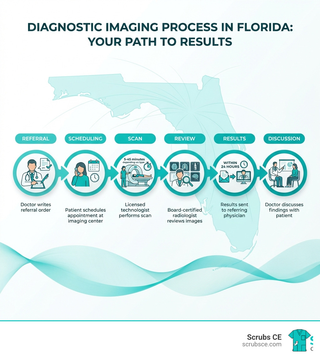 Infographic showing the diagnostic imaging process in Florida: Step 1 - Doctor writes referral order, Step 2 - Patient schedules appointment at imaging center, Step 3 - Licensed technologist performs scan (5-45 minutes depending on type), Step 4 - Board-certified radiologist reviews images, Step 5 - Results sent to referring physician within 24 hours, Step 6 - Doctor discusses findings with patient - Florida diagnostic imaging infographic Infographic showing the diagnostic imaging process in Florida: Step 1 - Doctor writes referral order, Step 2 - Patient schedules appointment at imaging center, Step 3 - Licensed technologist performs scan (5-45 minutes depending on type), Step 4 - Board-certified radiologist reviews images, Step 5 - Results sent to referring physician within 24 hours, Step 6 - Doctor discusses findings with patient - Florida diagnostic imaging infographic