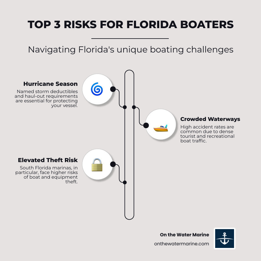 infographic showing three main risks for Florida boaters: a hurricane symbol with "Named Storm Deductibles & Haul-Out Requirements", a crowded waterway icon with "High Accident Rates from Tourist & Recreational Traffic", and a lock symbol with "Elevated Theft Risk Especially in South Florida Marinas" - best florida boat insurance infographic infographic-line-3-steps-elegant_beige infographic showing three main risks for Florida boaters: a hurricane symbol with "Named Storm Deductibles & Haul-Out Requirements", a crowded waterway icon with "High Accident Rates from Tourist & Recreational Traffic", and a lock symbol with "Elevated Theft Risk Especially in South Florida Marinas" - best florida boat insurance infographic infographic-line-3-steps-elegant_beige