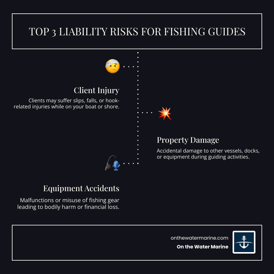 infographic showing three main liability risks for fishing guides: 1) Client injury on boat or shore (slips, falls, hook injuries) 2) Property damage to other vessels, docks, or equipment 3) Equipment-related accidents causing bodily harm or financial loss - fishing guide liability insurance infographic infographic-line-3-steps-dark infographic showing three main liability risks for fishing guides: 1) Client injury on boat or shore (slips, falls, hook injuries) 2) Property damage to other vessels, docks, or equipment 3) Equipment-related accidents causing bodily harm or financial loss - fishing guide liability insurance infographic infographic-line-3-steps-dark