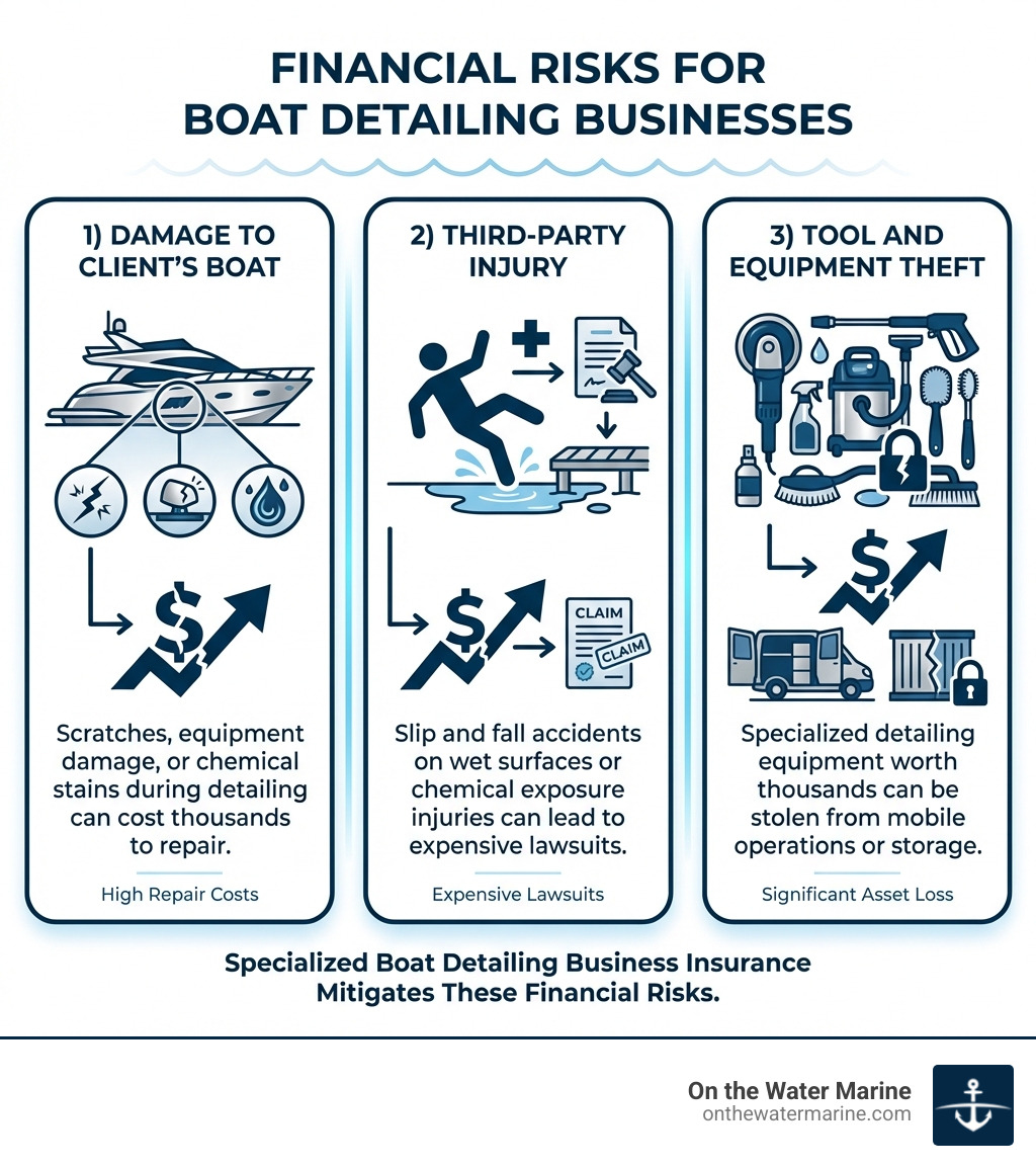 Infographic showing three main financial risks for boat detailing businesses: 1) Damage to Client's Boat - scratches, equipment damage, or chemical stains during detailing can cost thousands to repair; 2) Third-Party Injury - slip and fall accidents on wet surfaces or chemical exposure injuries can lead to expensive lawsuits; 3) Tool and Equipment Theft - specialized detailing equipment worth thousands can be stolen from mobile operations or storage - boat detailing business insurance infographic Infographic showing three main financial risks for boat detailing businesses: 1) Damage to Client's Boat - scratches, equipment damage, or chemical stains during detailing can cost thousands to repair; 2) Third-Party Injury - slip and fall accidents on wet surfaces or chemical exposure injuries can lead to expensive lawsuits; 3) Tool and Equipment Theft - specialized detailing equipment worth thousands can be stolen from mobile operations or storage - boat detailing business insurance infographic