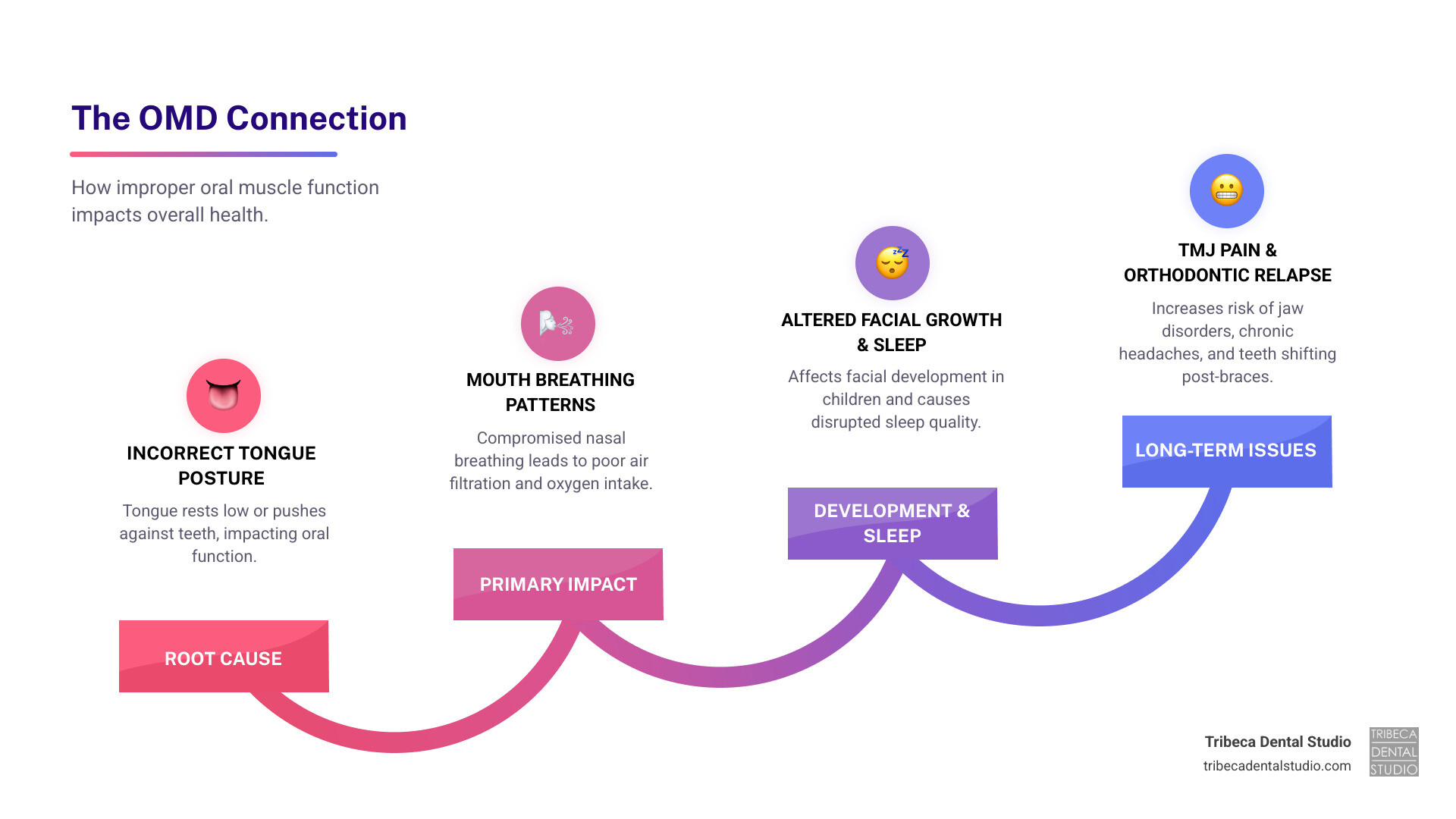 Infographic showing the connection between incorrect tongue posture at rest, mouth breathing patterns, disrupted sleep quality, altered facial development in children, and increased risk of TMJ disorders and orthodontic relapse in adults - myofunctional therapy NYC infographic step-infographic-4-steps