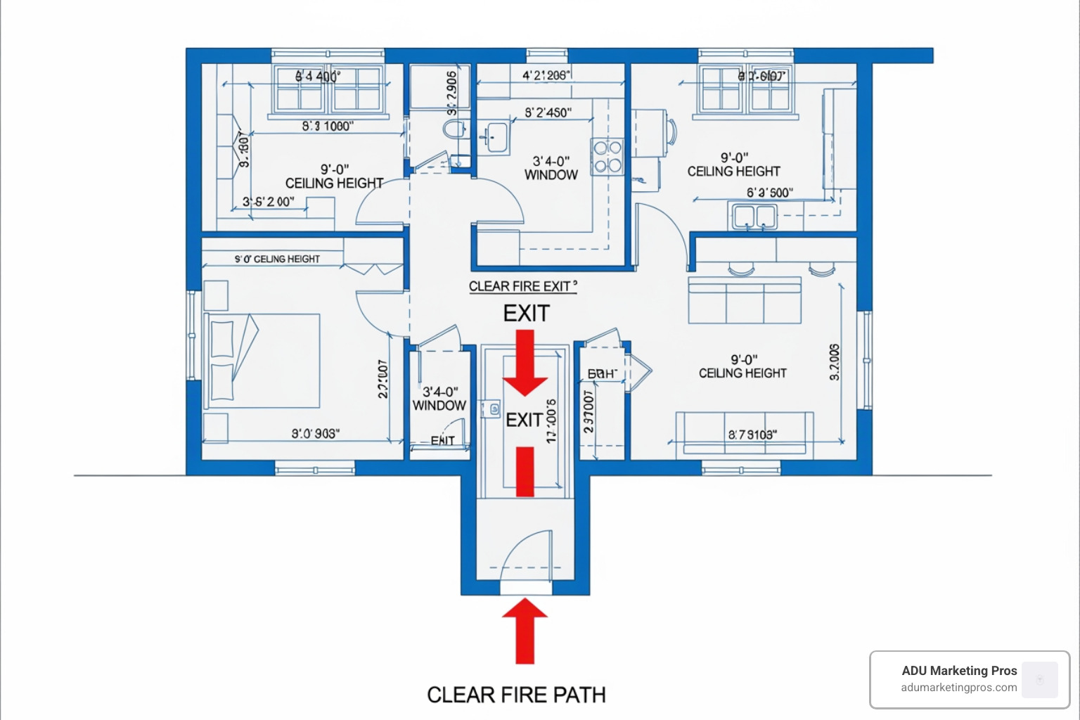 An architectural drawing highlighting key design features like window size, ceiling height, and fire exit paths. - adu san francisco