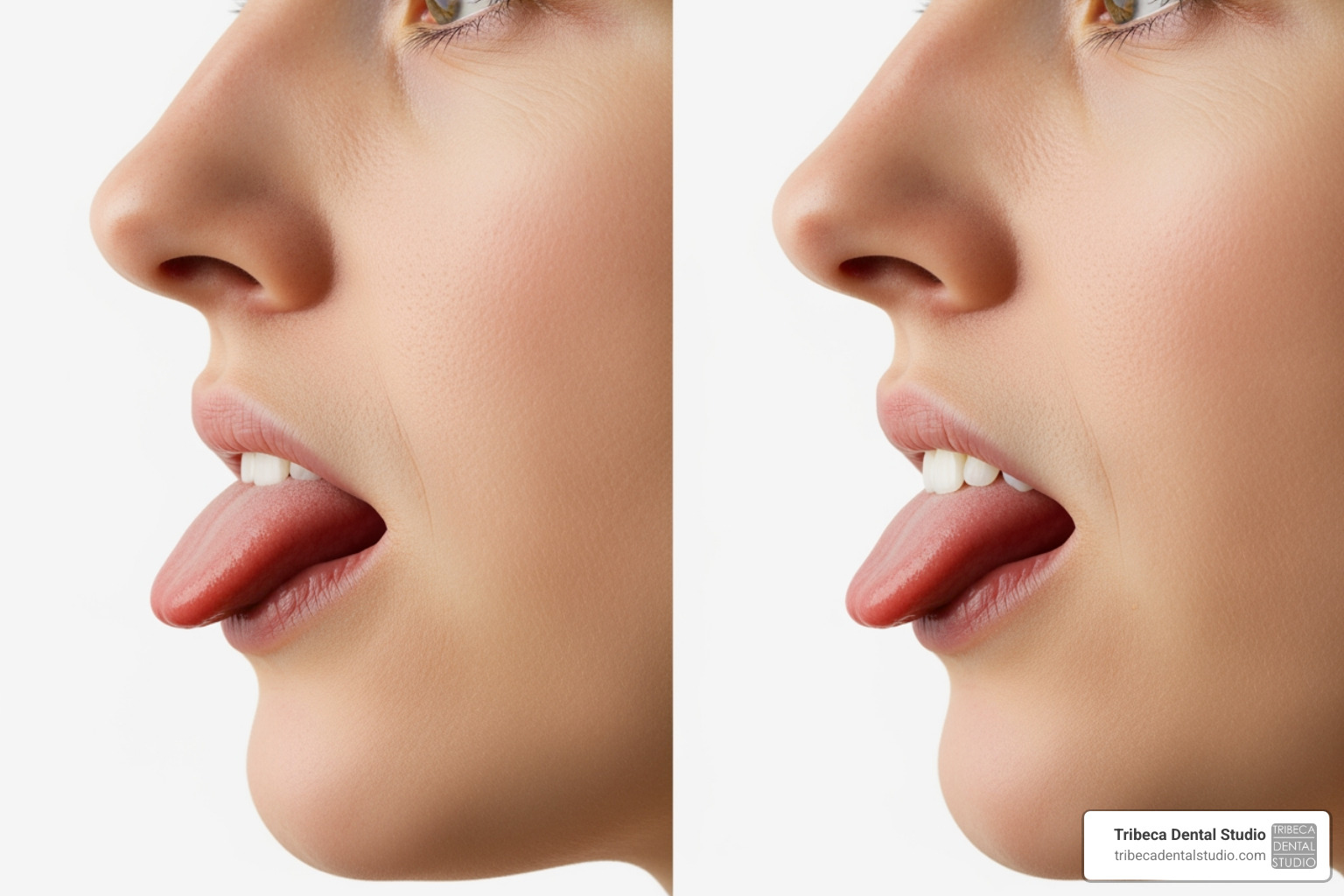 Image illustrating the difference between correct tongue posture (tongue resting on the roof of the mouth) and incorrect tongue posture (tongue resting low in the mouth or thrusting forward) - myofunctional therapy NYC