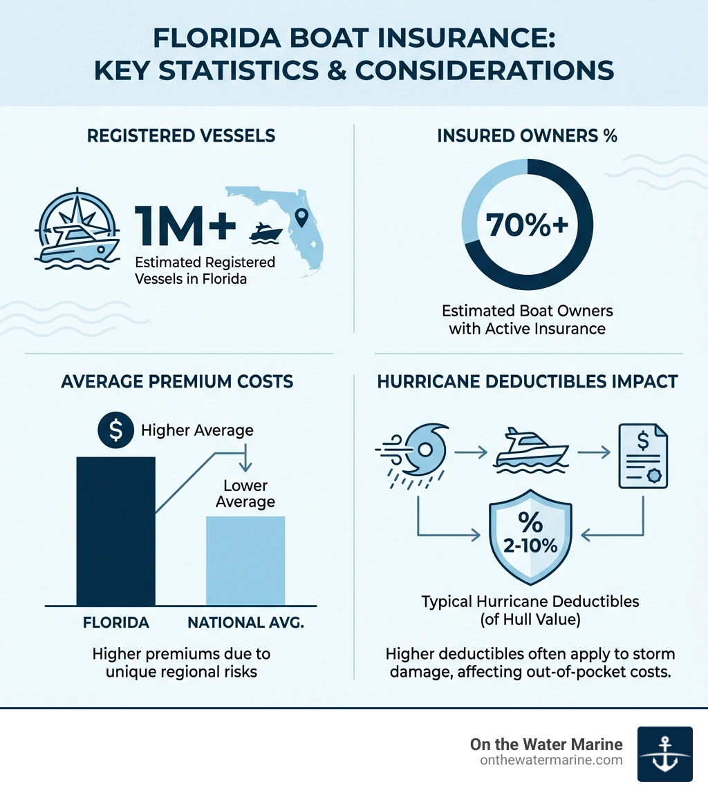 infographic showing Florida boat insurance statistics including the number of registered vessels in Florida, percentage of boat owners with insurance, average premium costs compared to national average, and the impact of hurricane deductibles on policies - boat insurance for florida infographic infographic showing Florida boat insurance statistics including the number of registered vessels in Florida, percentage of boat owners with insurance, average premium costs compared to national average, and the impact of hurricane deductibles on policies - boat insurance for florida infographic