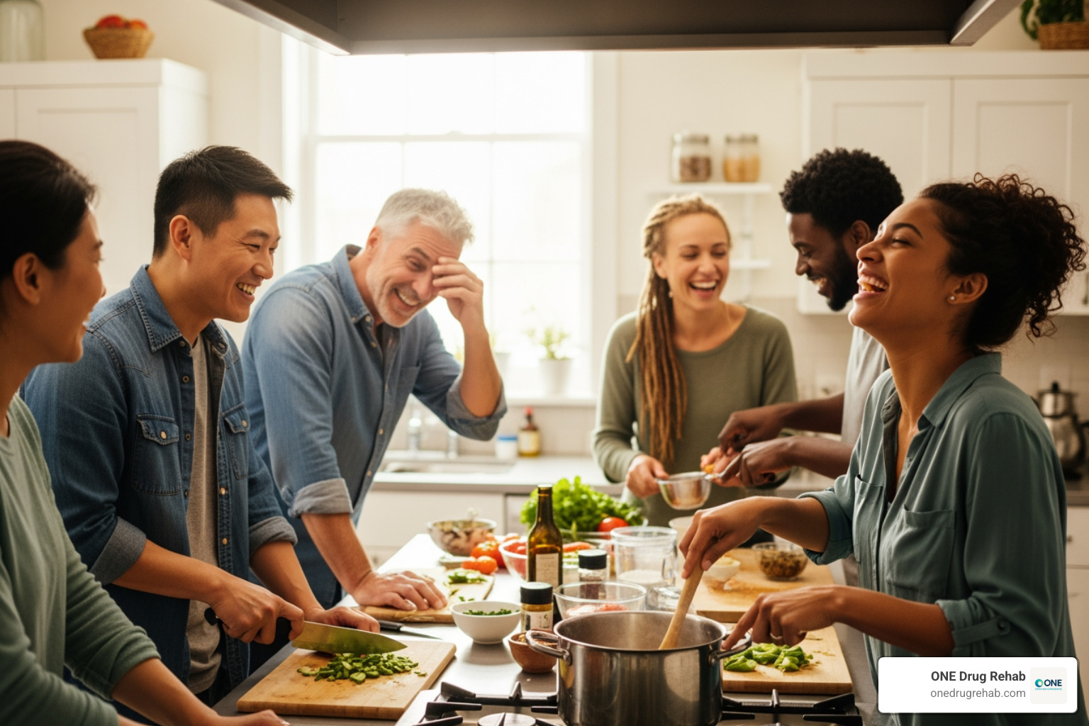 Diverse residents laughing and engaging in a cooking activity together in a recovery home kitchen - Addiction recovery housing