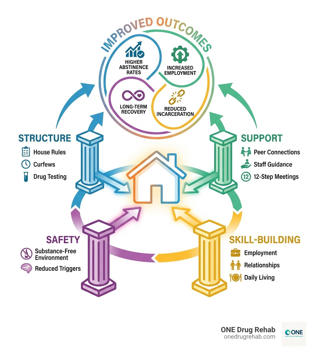 Infographic showing the key components of effective addiction recovery housing: a central house icon surrounded by four pillars labeled Structure (house rules, curfews, drug testing), Support (peer connections, staff guidance, 12-step meetings), Safety (substance-free environment, reduced triggers), and Skill-Building (employment, relationships, daily living). Arrows point from each pillar to improved outcomes: higher abstinence rates, increased employment, reduced incarceration, and long-term recovery. - Addiction recovery housing infographic 