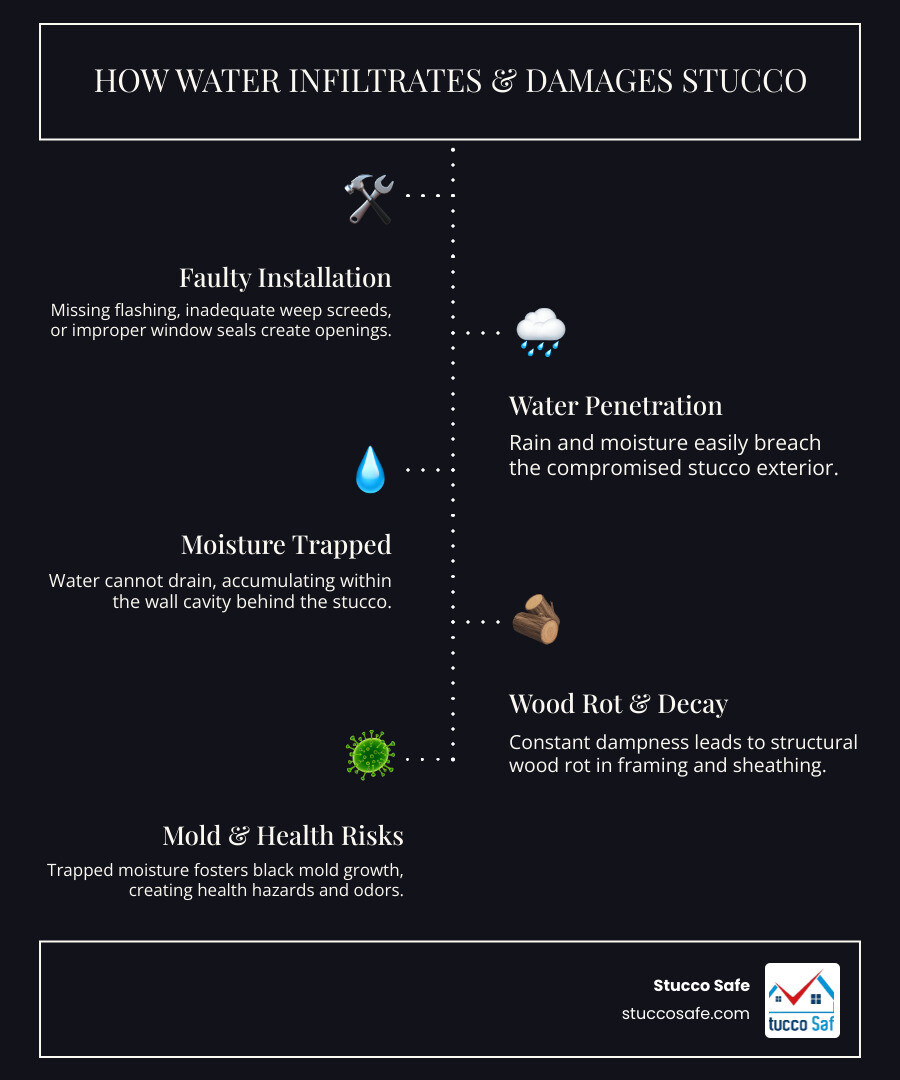 Infographic showing how water enters behind stucco through missing flashing, inadequate weep screeds, and improper window installation, leading to trapped moisture, wood rot, and mold growth in the wall cavity - stucco water damage insurance infographic infographic-line-5-steps-dark Infographic showing how water enters behind stucco through missing flashing, inadequate weep screeds, and improper window installation, leading to trapped moisture, wood rot, and mold growth in the wall cavity - stucco water damage insurance infographic infographic-line-5-steps-dark