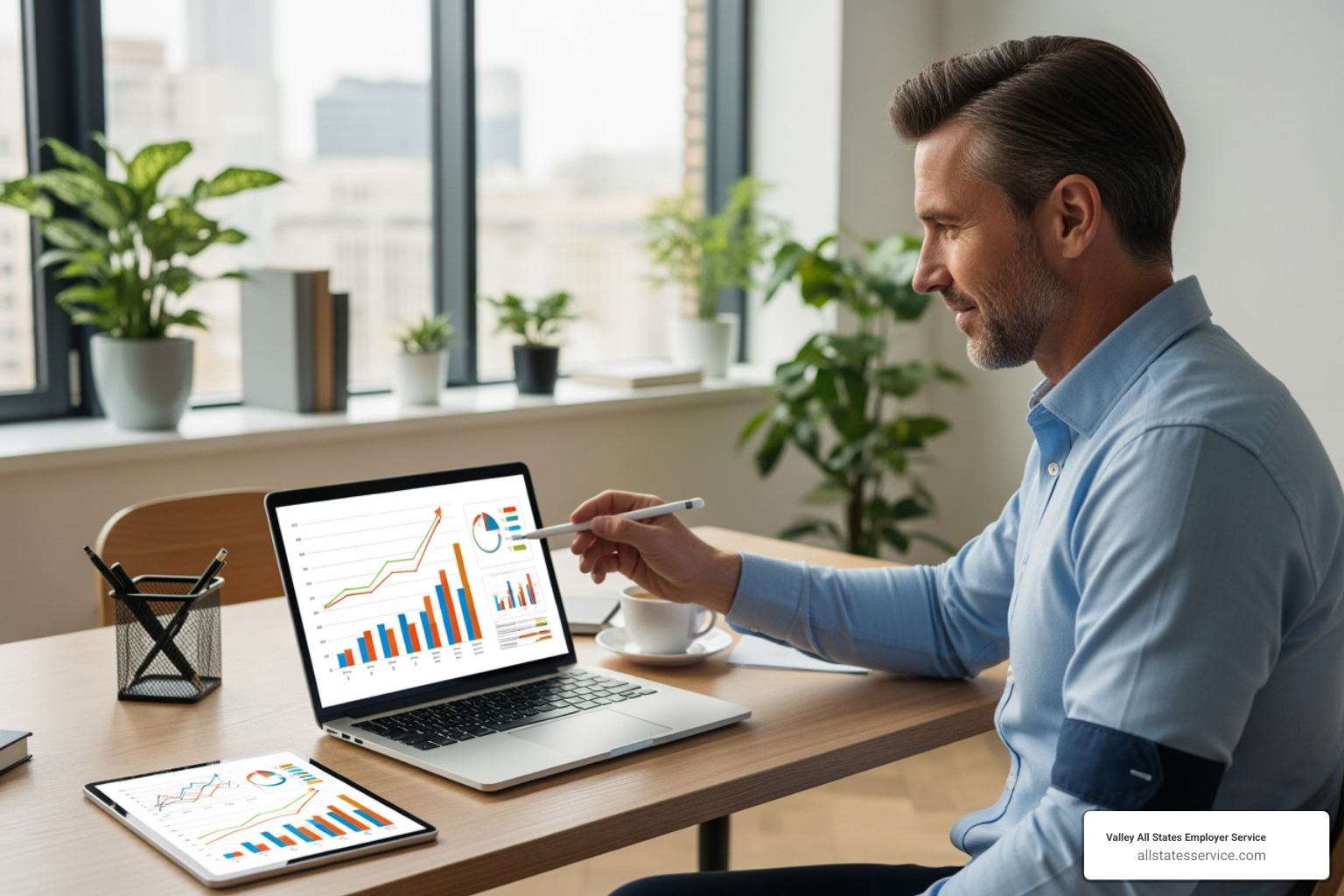 business owner looking relaxed while reviewing growth charts - employment agency outsourced payroll solution