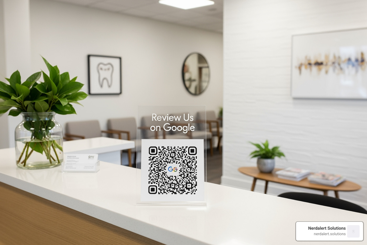 dental office front desk with a "Review Us on Google" QR code sign - review management for dentists dental office front desk with a "Review Us on Google" QR code sign - review management for dentists